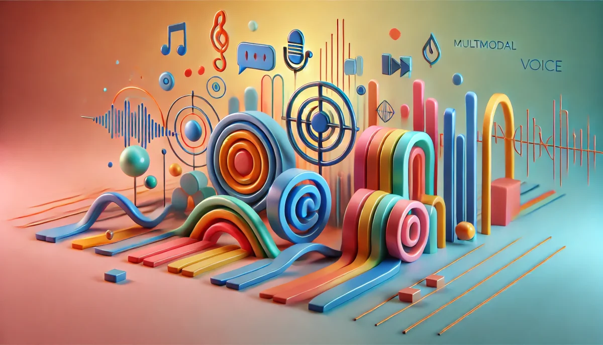 representación minimalista y colorida de la integración de texto y voz en inteligencia artificial