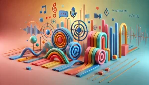 representación minimalista y colorida de la integración de texto y voz en inteligencia artificial