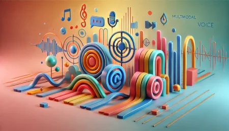 representación minimalista y colorida de la integración de texto y voz en inteligencia artificial