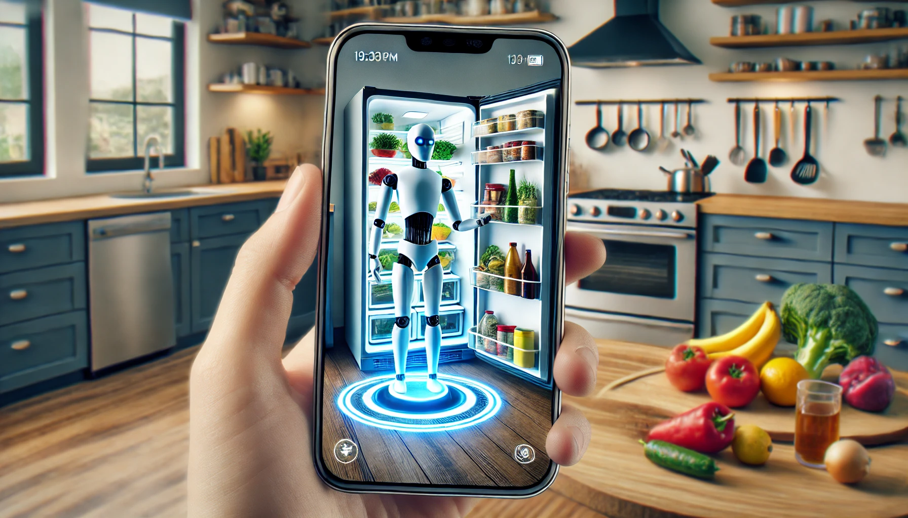 Asistente de inteligencia artificial en tiempo real analizando alimentos en un refrigerador
