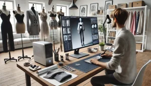 Diseñador de moda utilizando software 3D con tejidos personalizados