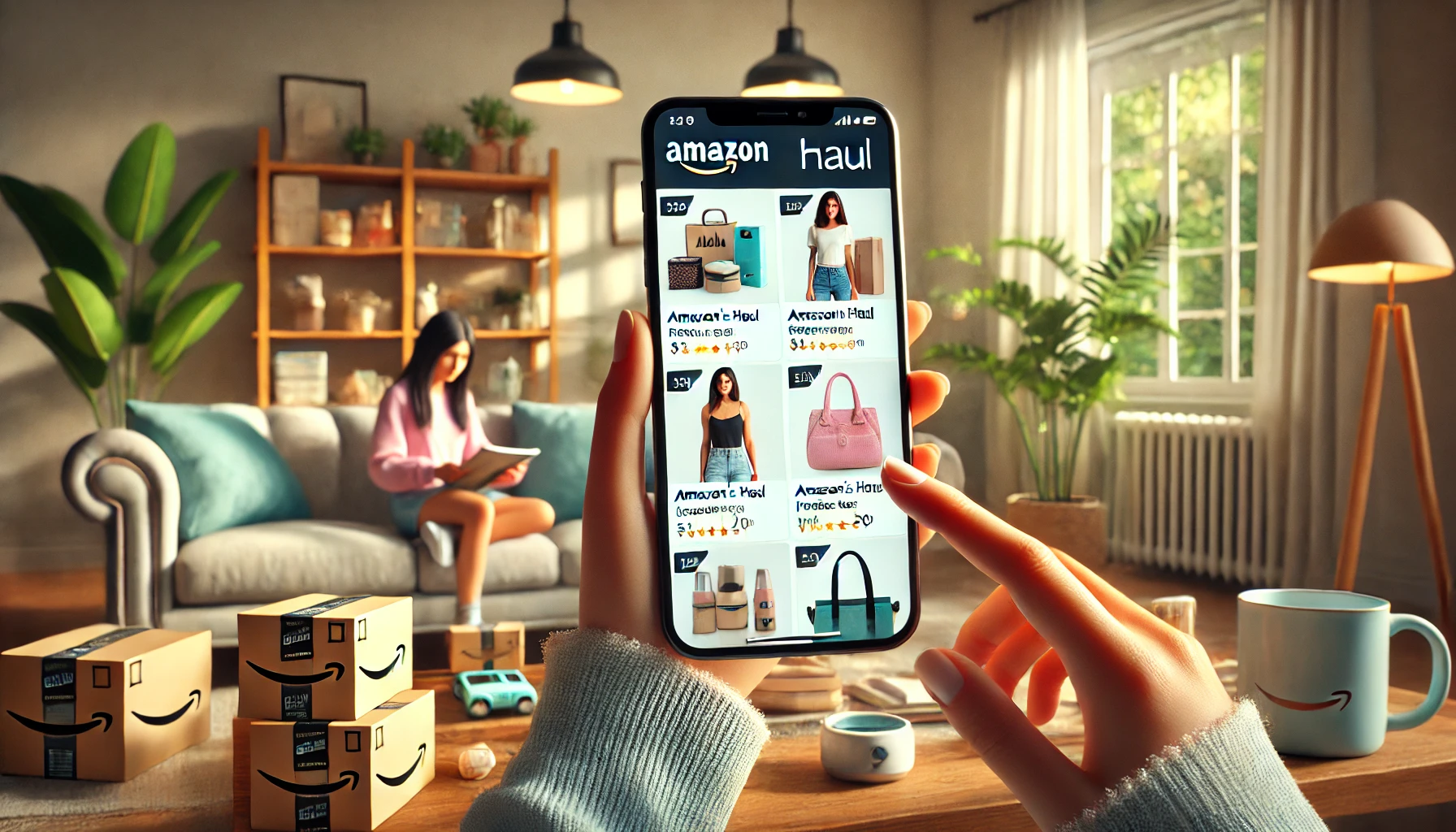 Joven explorando la sección Haul de Amazon en su smartphone con precios ultra bajos