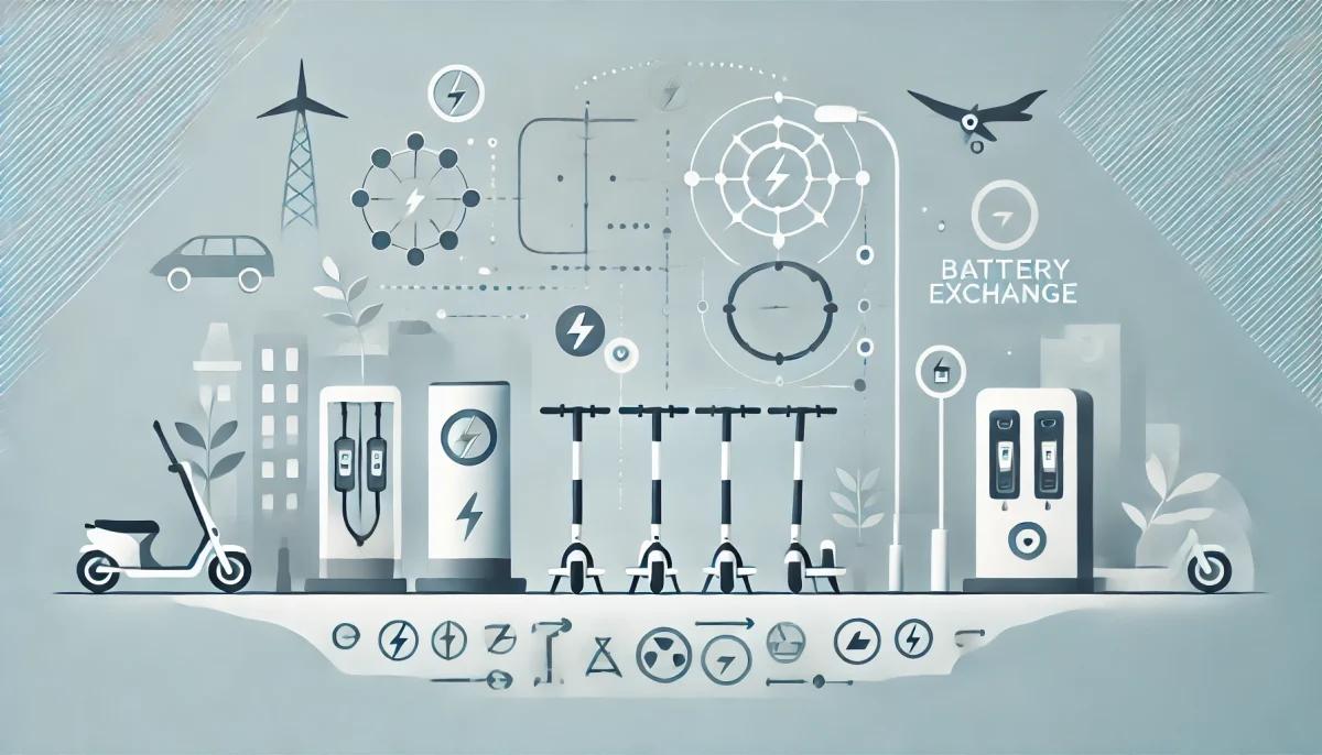 Representación minimalista de la movilidad urbana eléctrica con iconos de scooters eléctricos y estaciones de intercambio de baterías