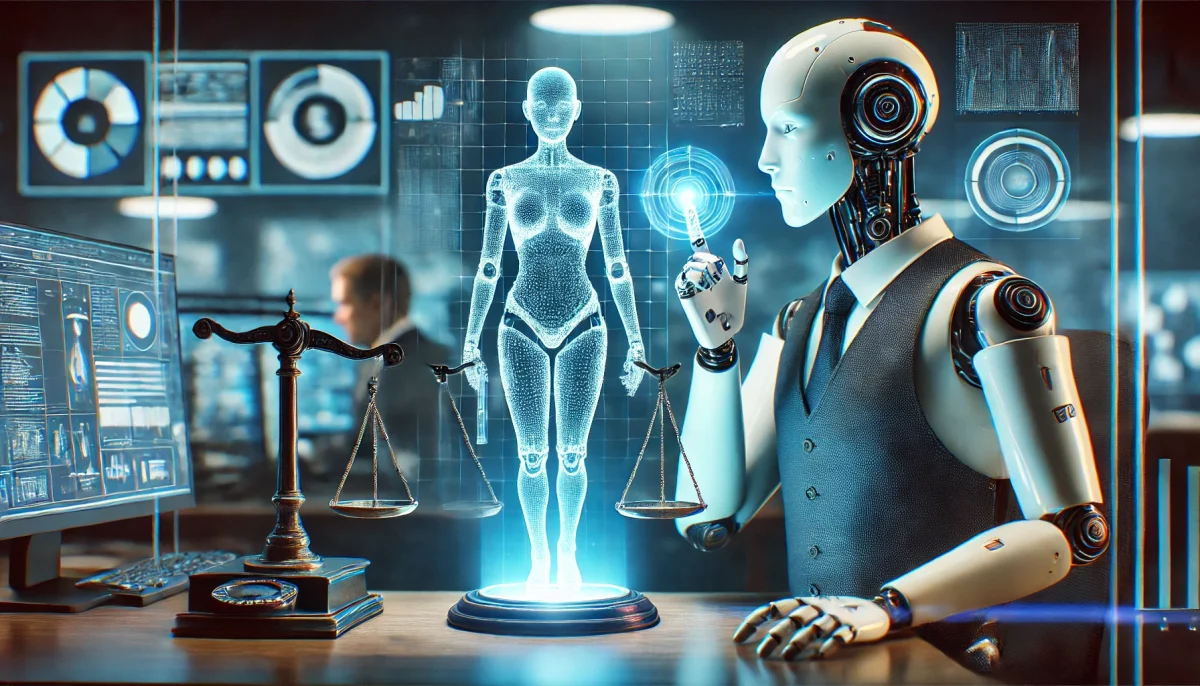 Robot reflexionando sobre moralidad con holograma de balanza de justicia