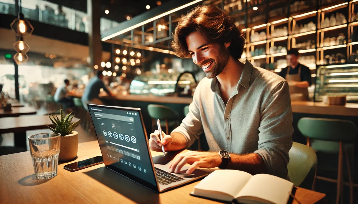 Persona usando un generador de quejas de IA en un café moderno