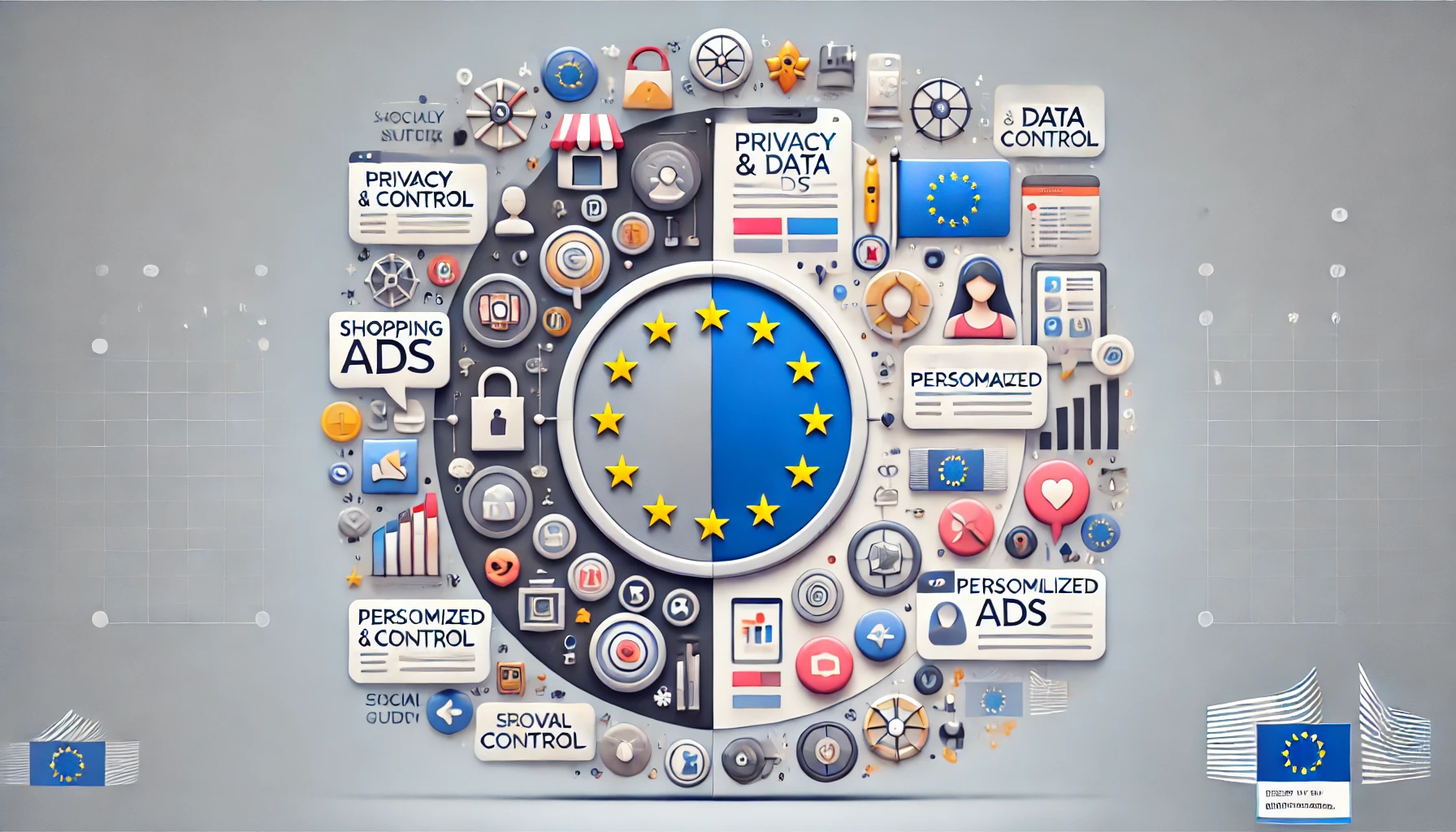 imagen minimalista y profesional que representa el tema de la privacidad y el control de datos en la publicidad en redes sociales en Europa