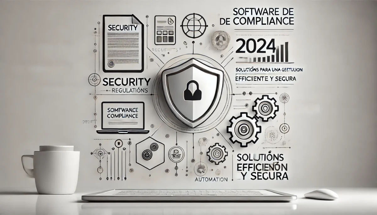 Diseño profesional y minimalista sobre software de compliance 2024 con íconos de seguridad, regulaciones y automatización