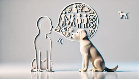 Ilustración de un perro comunicándose con un humano, destacando la comprensión del lenguaje humano