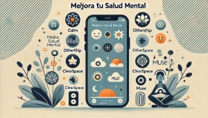 Imagen minimalista con aplicaciones de salud mental en un teléfono móvil