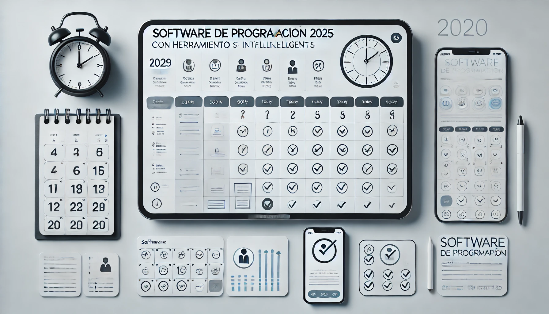 Imagen profesional y minimalista de un calendario digital junto a herramientas de software para programación de horarios, optimizando la productividad en 2025