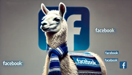 Llama vestida con colores de Facebook en un entorno corporativo profesional