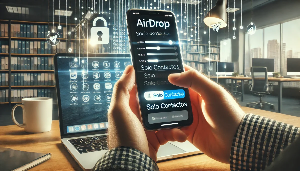 Usuario ajustando la configuración de AirDrop en su iPhone en un entorno profesional