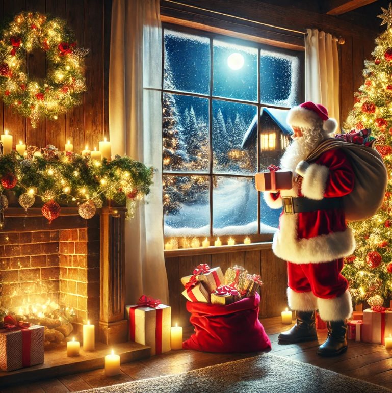 Santa Claus entregando regalos bajo un árbol, con un fondo nevado y luces cálidas