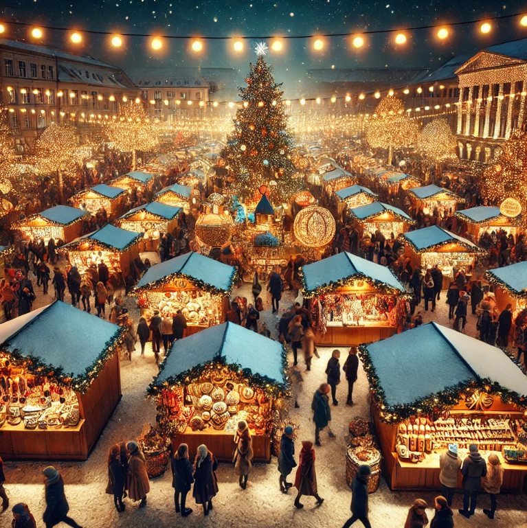 Un mercado navideño lleno de luces, con puestos decorados y gente disfrutando del ambiente festivo