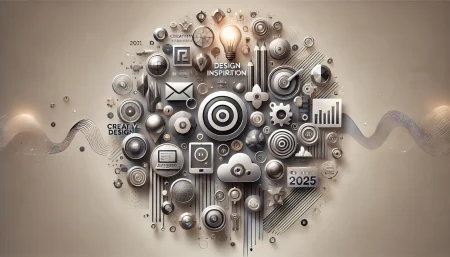 Composición digital minimalista con tema metálico que representa herramientas creativas e inspiración para diseño en 2025