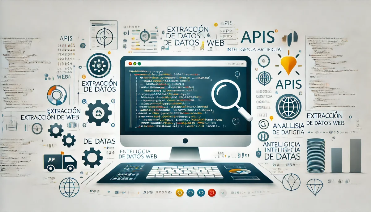 Extracción de datos web con pantalla de computadora, código HTML, gráficos y un ícono de inteligencia artificial