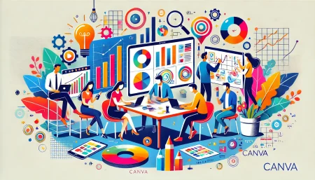 Ilustración minimalista y colorida de profesionales del marketing colaborando en herramientas digitales