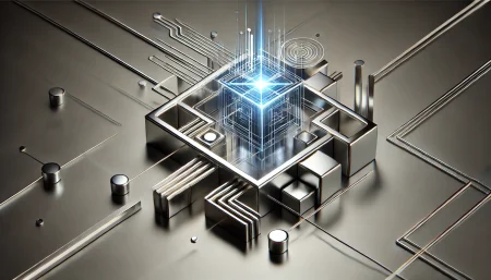 Ilustración minimalista y metálica que representa la creación y detección de contenido con inteligencia artificial