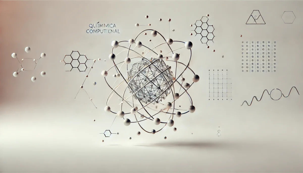 Ilustración minimalista y subrealista sobre química computacional y aprendizaje automático