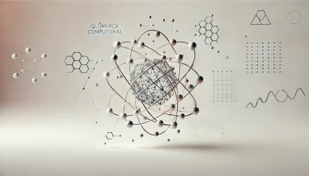 Ilustración minimalista y subrealista sobre química computacional y aprendizaje automático