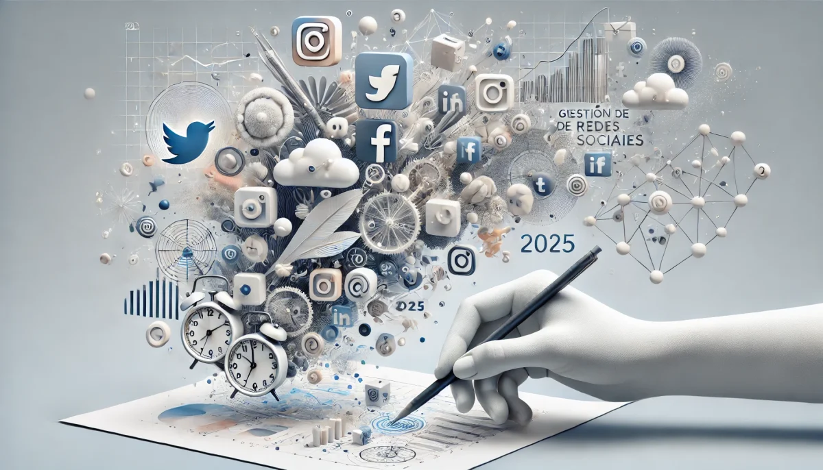 Imagen minimalista sobre herramientas para la gestión de redes sociales 2025 con iconos de Twitter, Instagram y LinkedIn