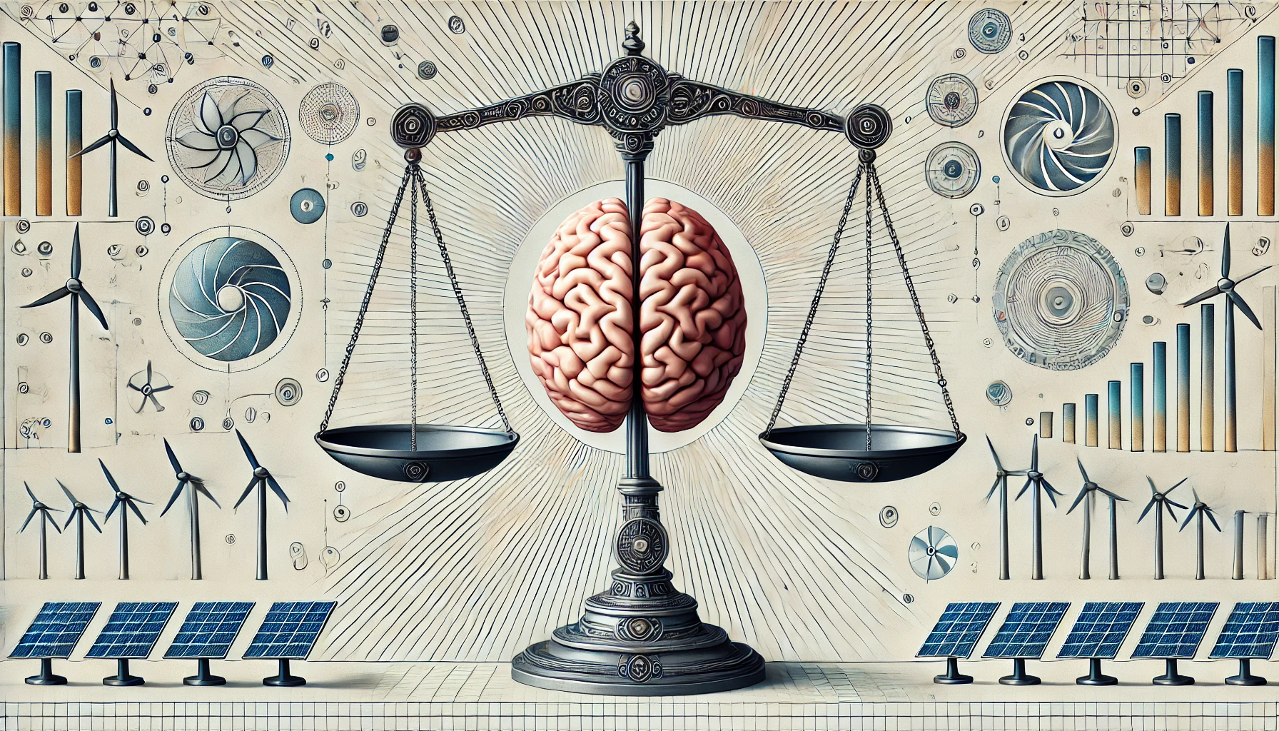 Representación minimalista de la regulación de la inteligencia artificial con un cerebro metálico y una balanza, rodeados de íconos de energía renovable