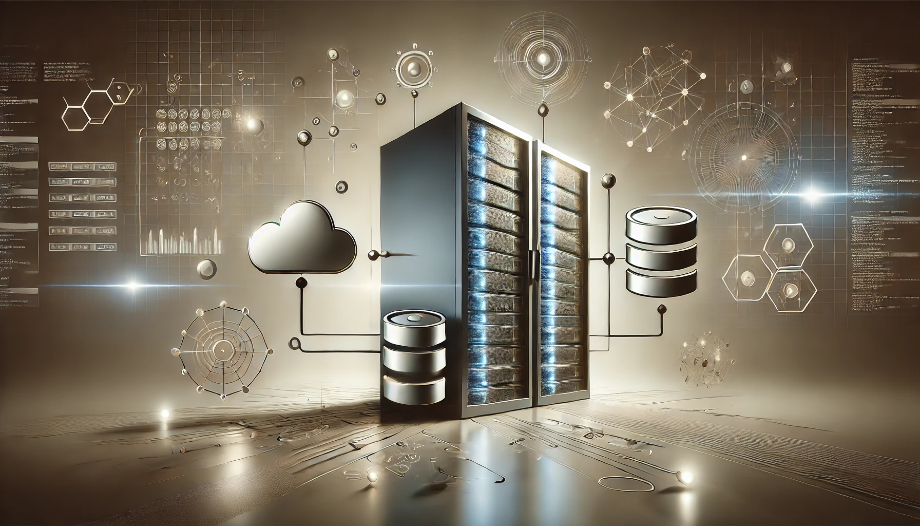 Representación minimalista y metálica de bases de datos y frameworks backend modernos