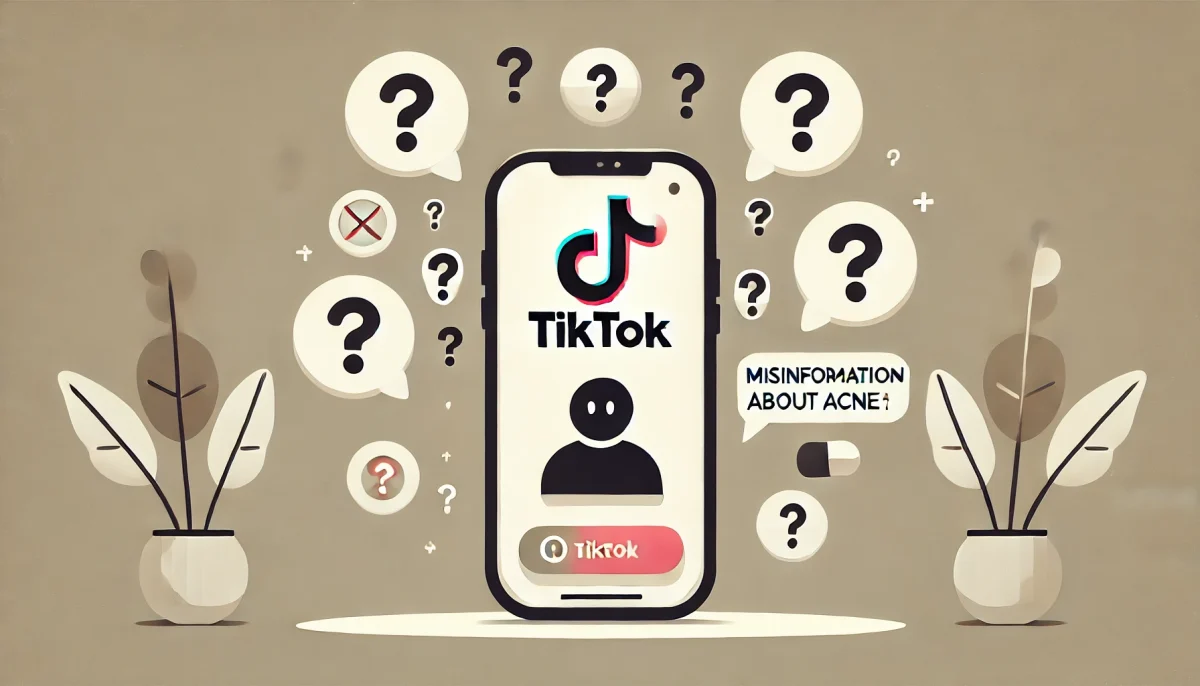 Ilustración minimalista sobre la desinformación en TikTok sobre medicamentos para el acné