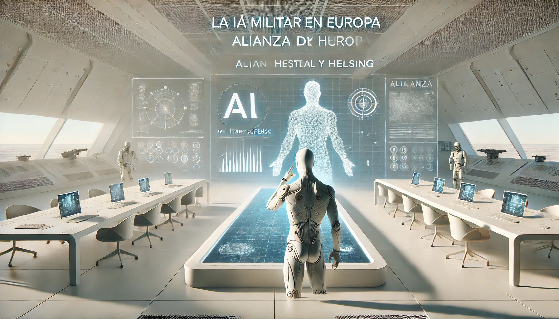 Ilustración sobre la inteligencia artificial en la defensa militar europea con Mistral y Helsing.