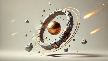 Ilustracion-surrealista-del-Tesoro-de-Villena-con-un-brazalete-y-una-semiesfera-de-hierro-meteorico-flotando-en-un-fondo-blanco.