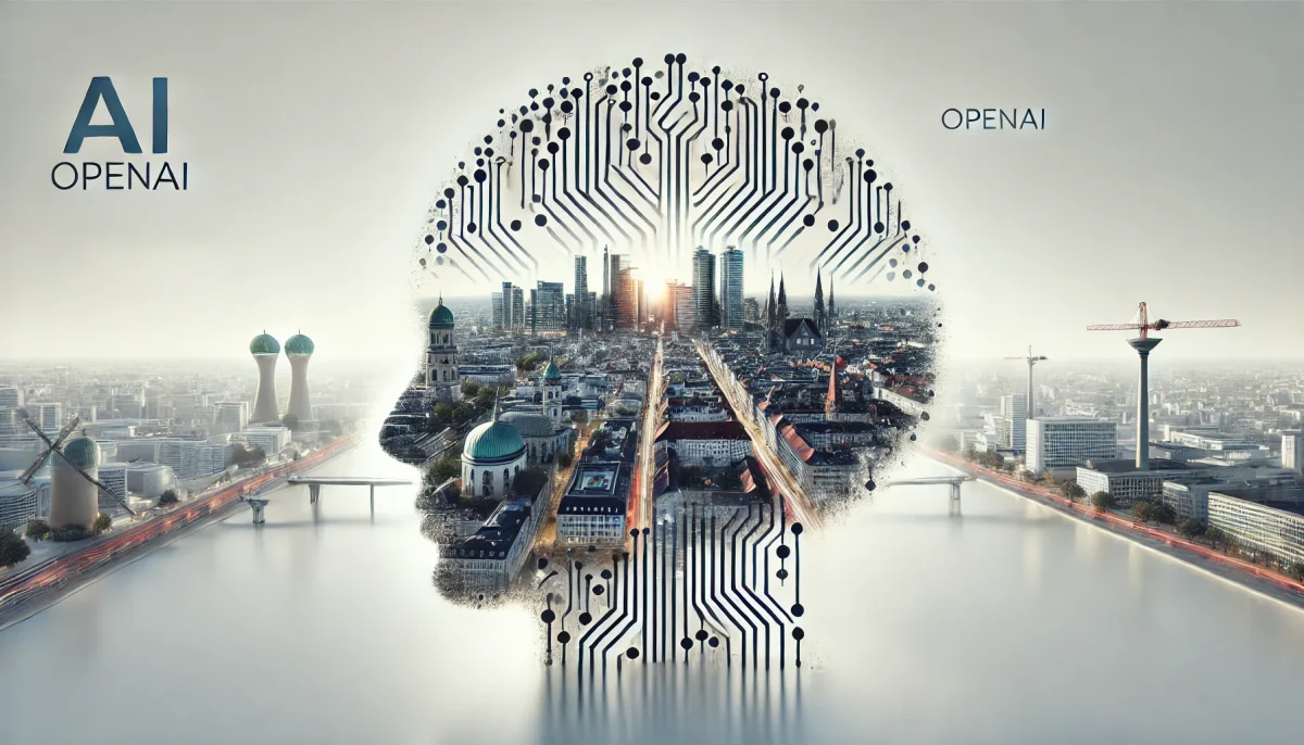 Imagen conceptual de Múnich con elementos de inteligencia artificial representando la expansión de OpenAI en Alemania y su impacto en la innovación tecnológica