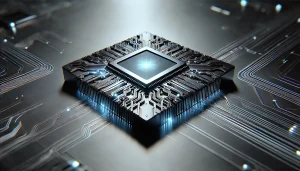 Representación minimalista y metálica de un chip diseñado por inteligencia artificial