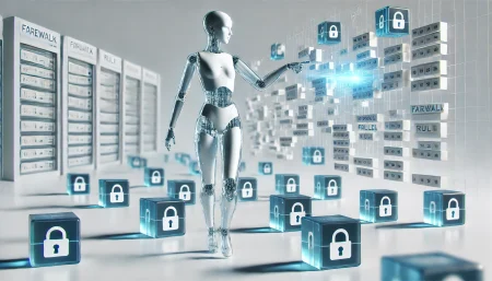 Imagen conceptual de un asistente de inteligencia artificial ayudando en la configuración de reglas de seguridad digital, representado como figura abstracta organizando bloques de firewall sobre fondo blanco. Ideal para artículos sobre Cloudflare, IA y ciberseguridad.