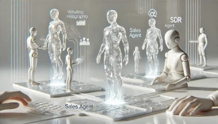 Ilustración subrealista y minimalista que muestra a tres asistentes virtuales de Otter.ai: uno transcribiendo reuniones, otro guiando ventas y un tercero demostrando productos, sobre fondo blanco y estética futurista. Ideal para temas de IA, automatización y productividad en entornos digitales.