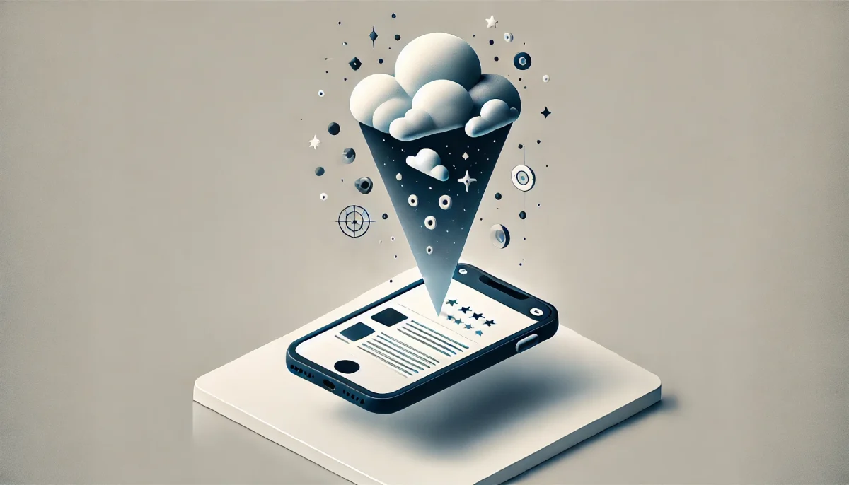 Ilustración surrealista de un iPhone flotante con IA generando resúmenes de reseñas en la App Store.