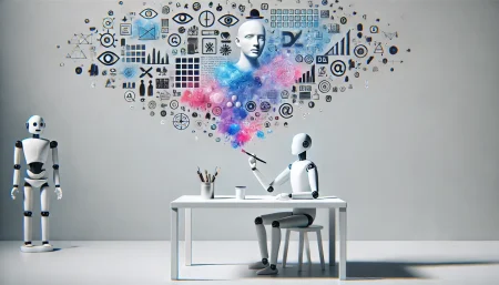 Imagen subrealista y minimalista que representa una inteligencia artificial generando imágenes a partir de texto. Un robot humanoide crea visuales abstractos en un fondo blanco, simbolizando el proceso creativo de modelos como Reve Image 1.0.