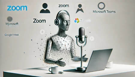 Ilustración subrealista y minimalista de una figura de IA participando en una reunión virtual, con símbolos flotantes de Zoom, Microsoft Teams y Google Meet sobre fondo blanco. Representa el uso de inteligencia artificial en entornos laborales para automatizar tareas y mejorar la productividad en videollamadas.