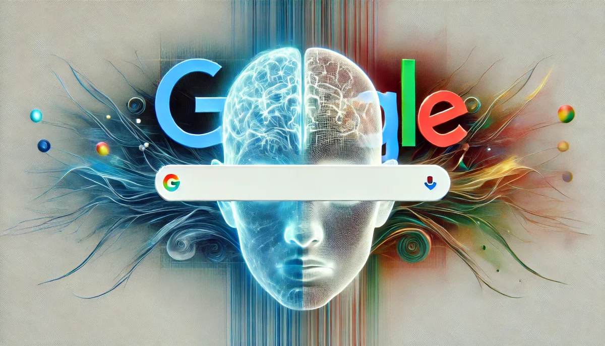 Ilustración surrealista y minimalista que representa la competencia entre los motores de búsqueda con inteligencia artificial y Google. Un cerebro digital futurista se enfrenta a la clásica barra de búsqueda de Google, separados por una delgada línea divisoria que simboliza su coexistencia en el ecosistema de búsqueda en línea.