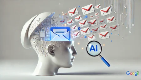 Ilustración digital surrealista y minimalista que representa la búsqueda inteligente en Gmail, con una cabeza estilizada que contiene una bandeja de entrada abierta y correos flotantes clasificados por circuitos de IA. Estilo limpio, fondo blanco y elementos visuales de inteligencia artificial y correo electrónico.