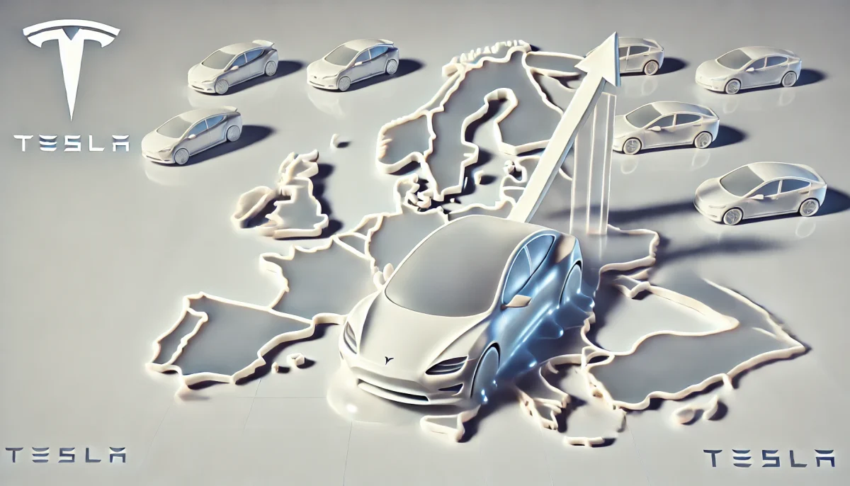 Ilustración digital minimalista en fondo blanco que representa la caída de Tesla en Europa: un coche eléctrico derretido resbala por un mapa de Europa de cristal inclinado, con siluetas de vehículos eléctricos emergentes como competencia. Imagen conceptual y artística sobre el declive de Tesla en el mercado europeo en 2025.