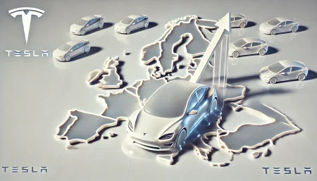 Ilustración digital minimalista en fondo blanco que representa la caída de Tesla en Europa: un coche eléctrico derretido resbala por un mapa de Europa de cristal inclinado, con siluetas de vehículos eléctricos emergentes como competencia. Imagen conceptual y artística sobre el declive de Tesla en el mercado europeo en 2025.