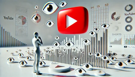 Imagen surrealista y minimalista que representa el cambio en la forma de contar visualizaciones en YouTube Shorts, con un botón de reproducción rojo, íconos de ojos y gráficas de análisis sobre fondo blanco.