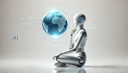 Ilustración minimalista y surrealista de un chatbot de inteligencia artificial accediendo a información en tiempo real desde Internet. Representa a Claude AI con una figura humanoide conectada a un globo digital, ideal para artículos sobre avances en IA conversacional.