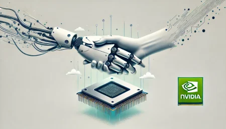 Ilustración de inteligencia artificial representada por una mano robótica estrechando la mano de un chip NVIDIA, con elementos tecnológicos flotantes.