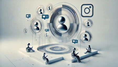 Ilustración minimalista del Community Chat de Instagram con burbujas de chat flotantes y un diseño futurista sobre fondo blanco.