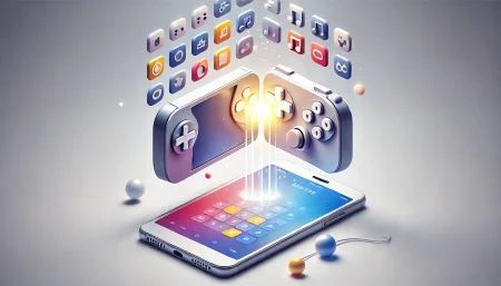 Ilustración conceptual minimalista con fondo blanco que representa el intercambio de juegos digitales entre dos dispositivos portátiles abstractos, junto a un smartphone con una app de calendario de noticias de videojuegos. La imagen transmite las ideas de conectividad, tecnología accesible y consumo de contenido gamer desde el móvil.