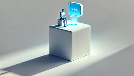 Imagen conceptual surrealista y minimalista que representa a una persona sola sobre un cubo flotante, interactuando con un chatbot tipo ChatGPT. Ilustra el impacto emocional de la inteligencia artificial en la vida cotidiana, en un entorno blanco y vacío que simboliza el aislamiento digital.