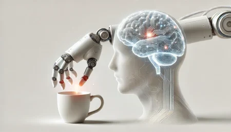 Imagen conceptual y minimalista que representa un brazo robótico controlado por la mente a través de una interfaz cerebro-computadora. El cerebro aparece como una red neural abstracta conectada al brazo, que sostiene una taza, reflejando avances en neurotecnología y control robótico para personas con discapacidad.