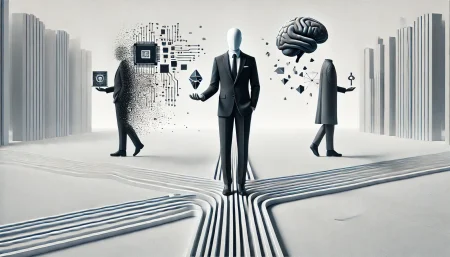 Ilustración surrealista de un ejecutivo con cerebro de IA y circuito roto representando el conflicto ético en OpenAI tras el despido de Sam Altman.