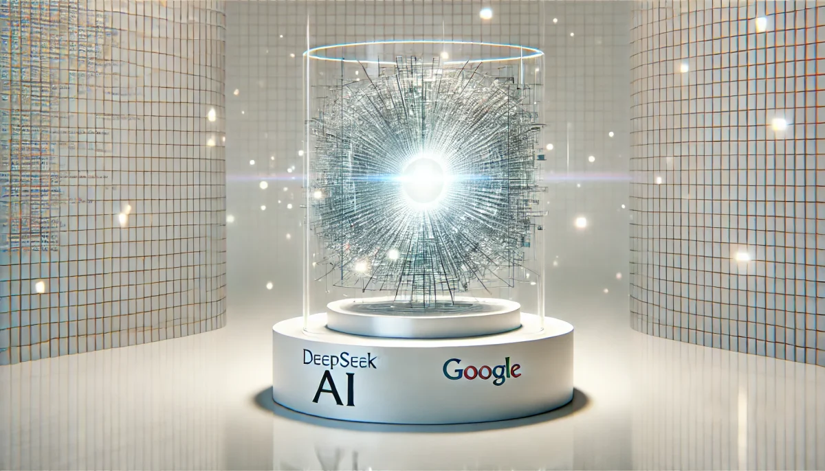 Ilustración conceptual de DeepSeek AI y Google Gemini, destacando la diferencia entre inteligencia artificial abierta y cerrada.